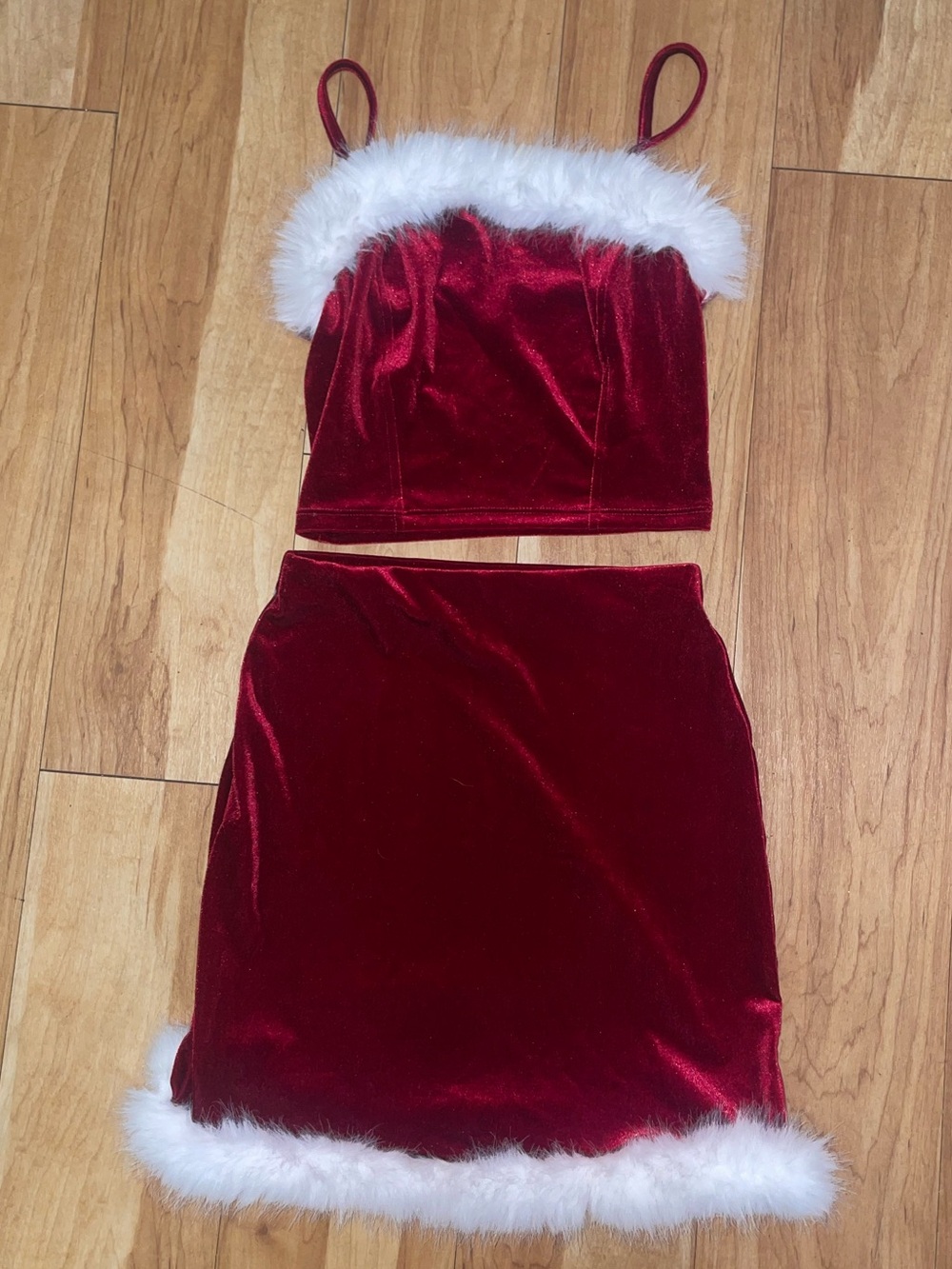 Wallflower Red Velvet Two-Piece Holiday Bandeau Set with White Faux Fur Trim